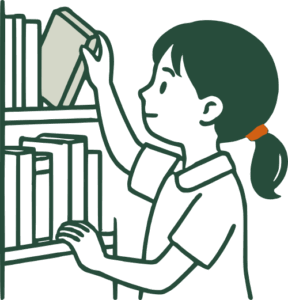 A cartoon image of a girl taking a book off a bookshelf.