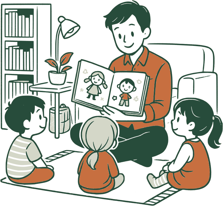 A man sits in front of a sofa, reading to three children, a boy and two girls. In his hands is a book, which is open and facing the children.